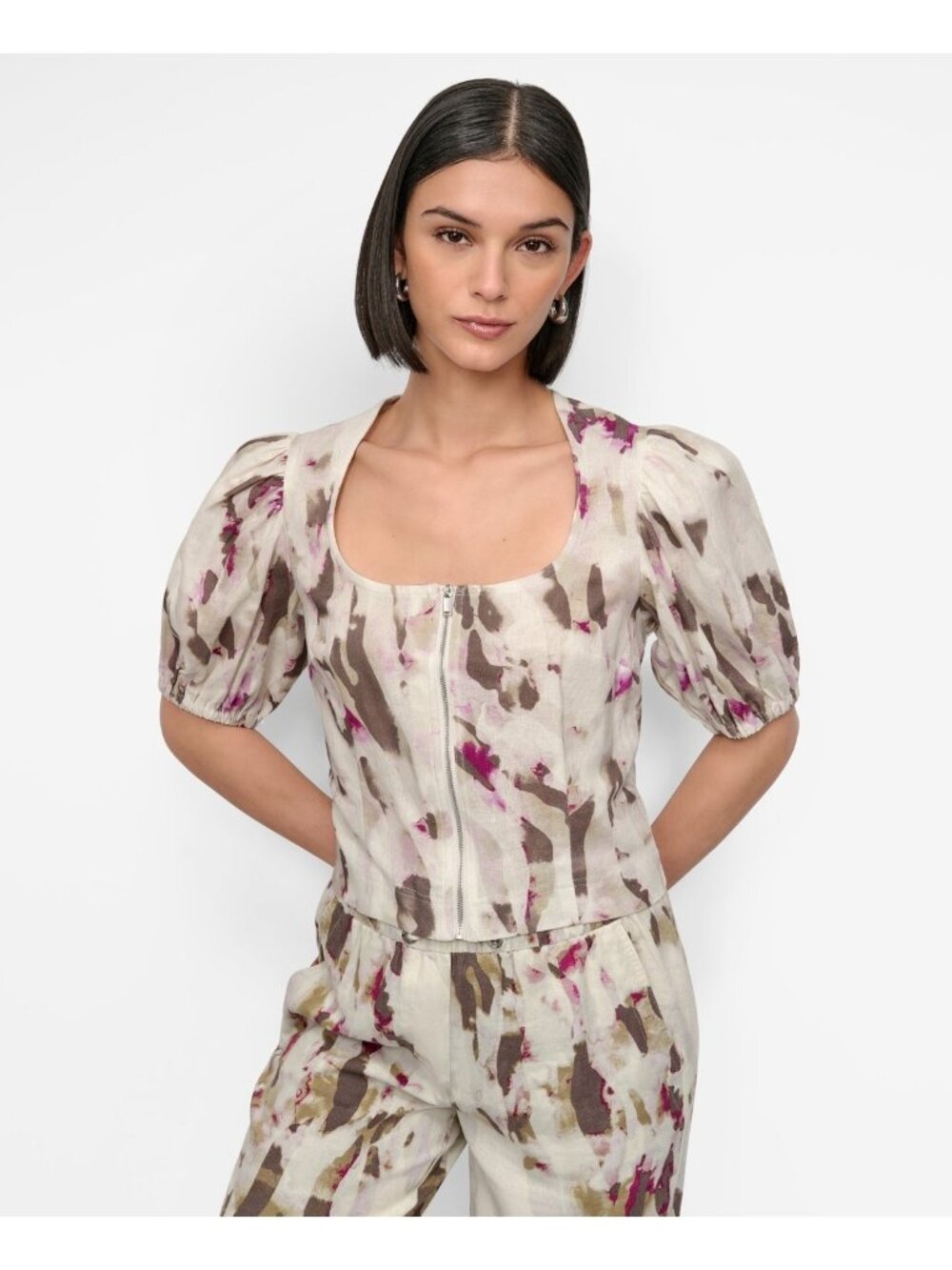 DKNY Women Printed Woven Zip Linen Puff-Sleeve Square neck Top Ivory SIze XL $89